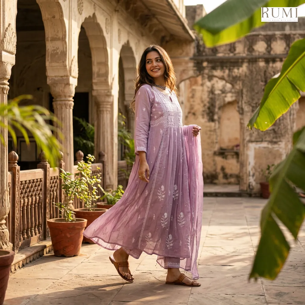 Lavender Mul A-Line with Chikankari Pearl & Cut Dana Semi-stitched Suit