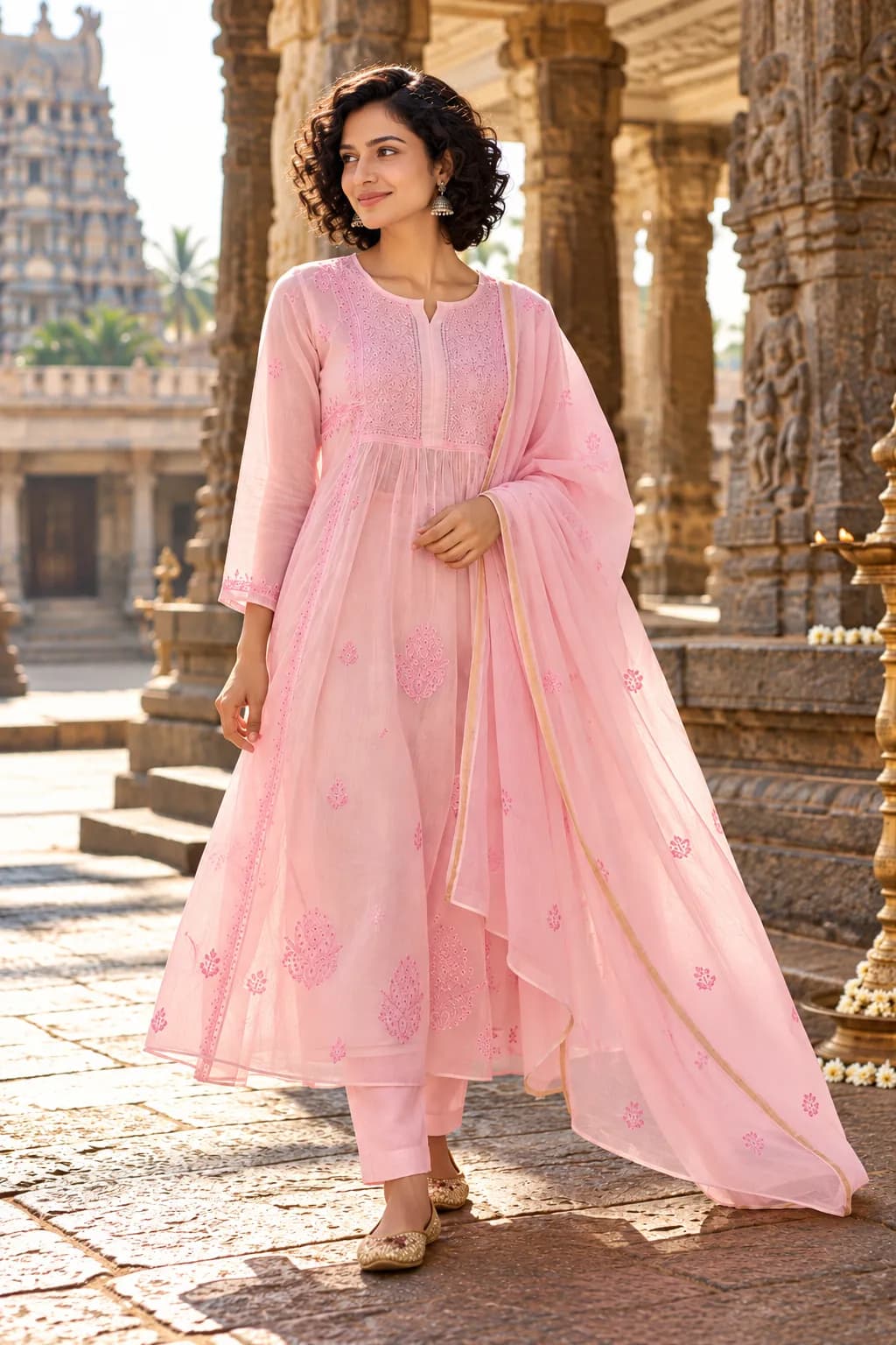 Baby Pink chikankari A Line Chikankari with Mukaish Work Stitched Suit