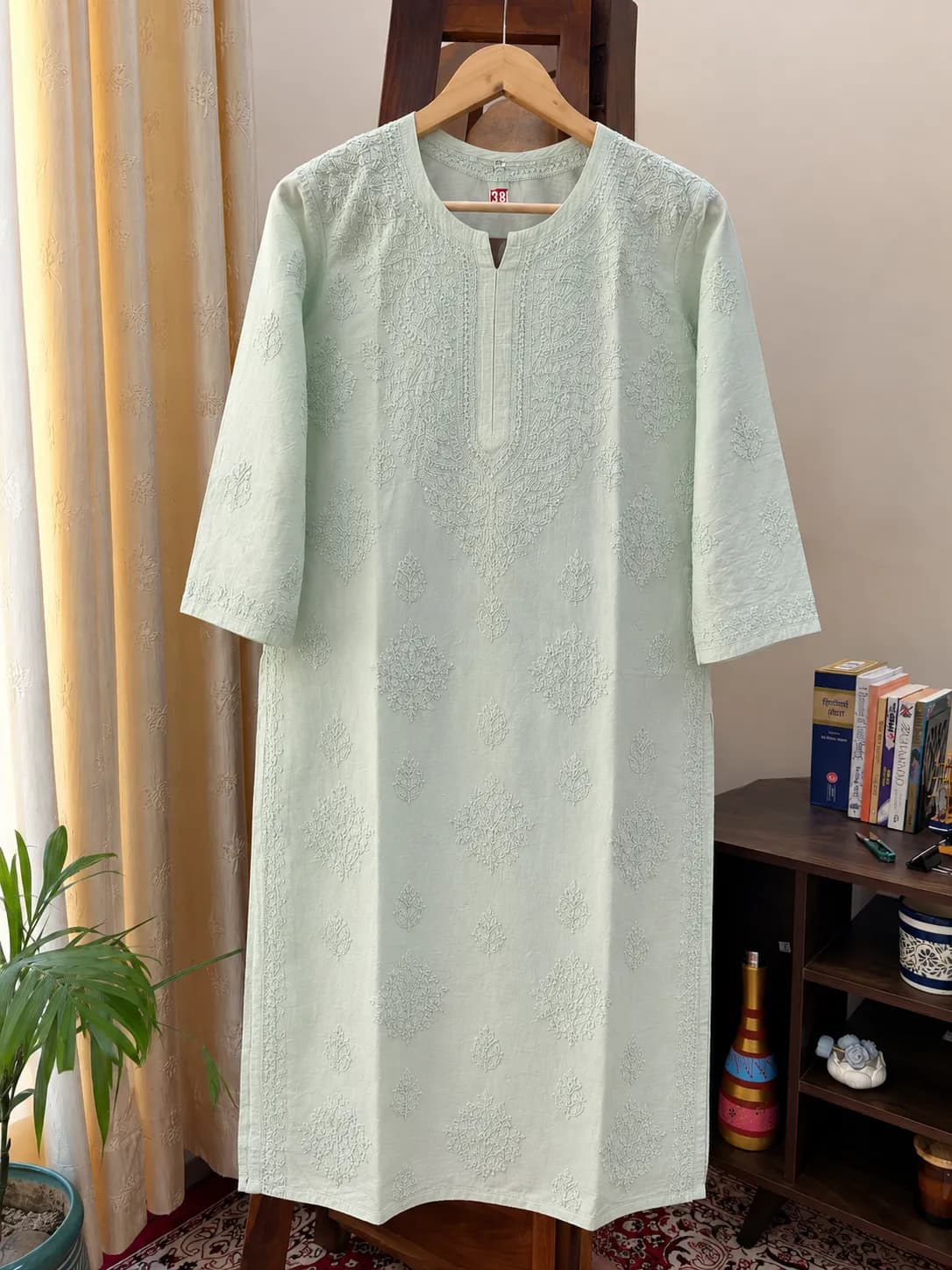Light Sea Green Chanderi Silk Chikankari Stitched Kurta