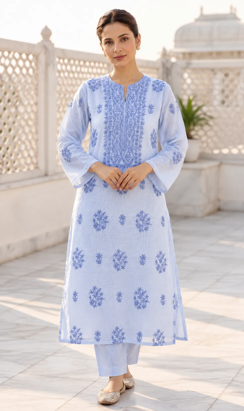 Powder Blue Kota Cotton with Chikankari Unstitched Suit
