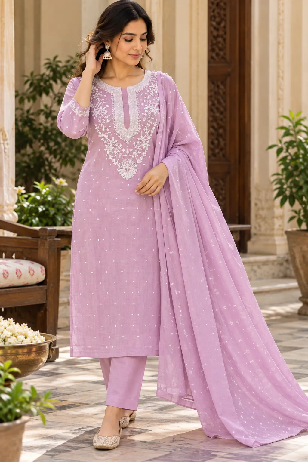 Lilac Mul Chikankari with Embellished Neckline Unstitched Suit