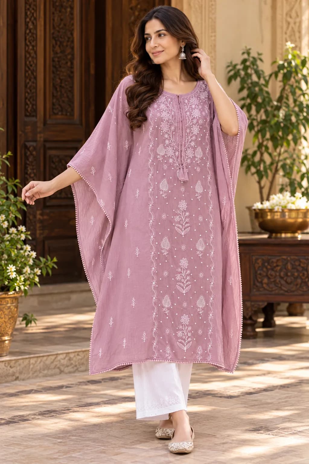 Purple Mul Kaftan with Chikankari, Pearl & Cut Dana Semi-stitched