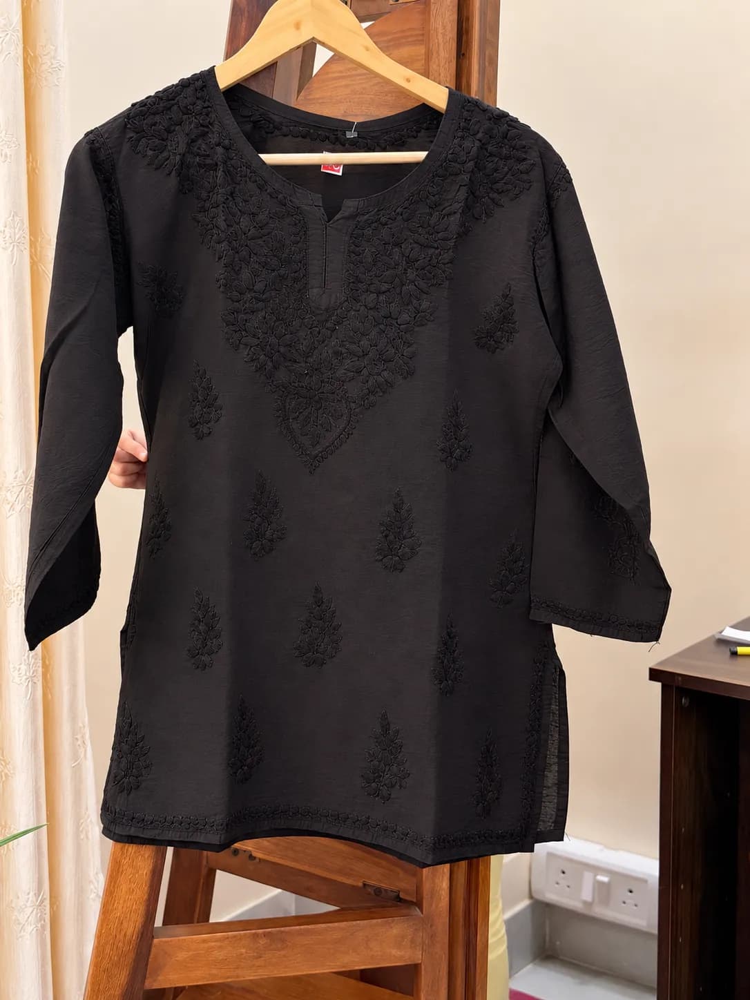 Carbon Black Chanderi Silk Chikankari Short Kurti