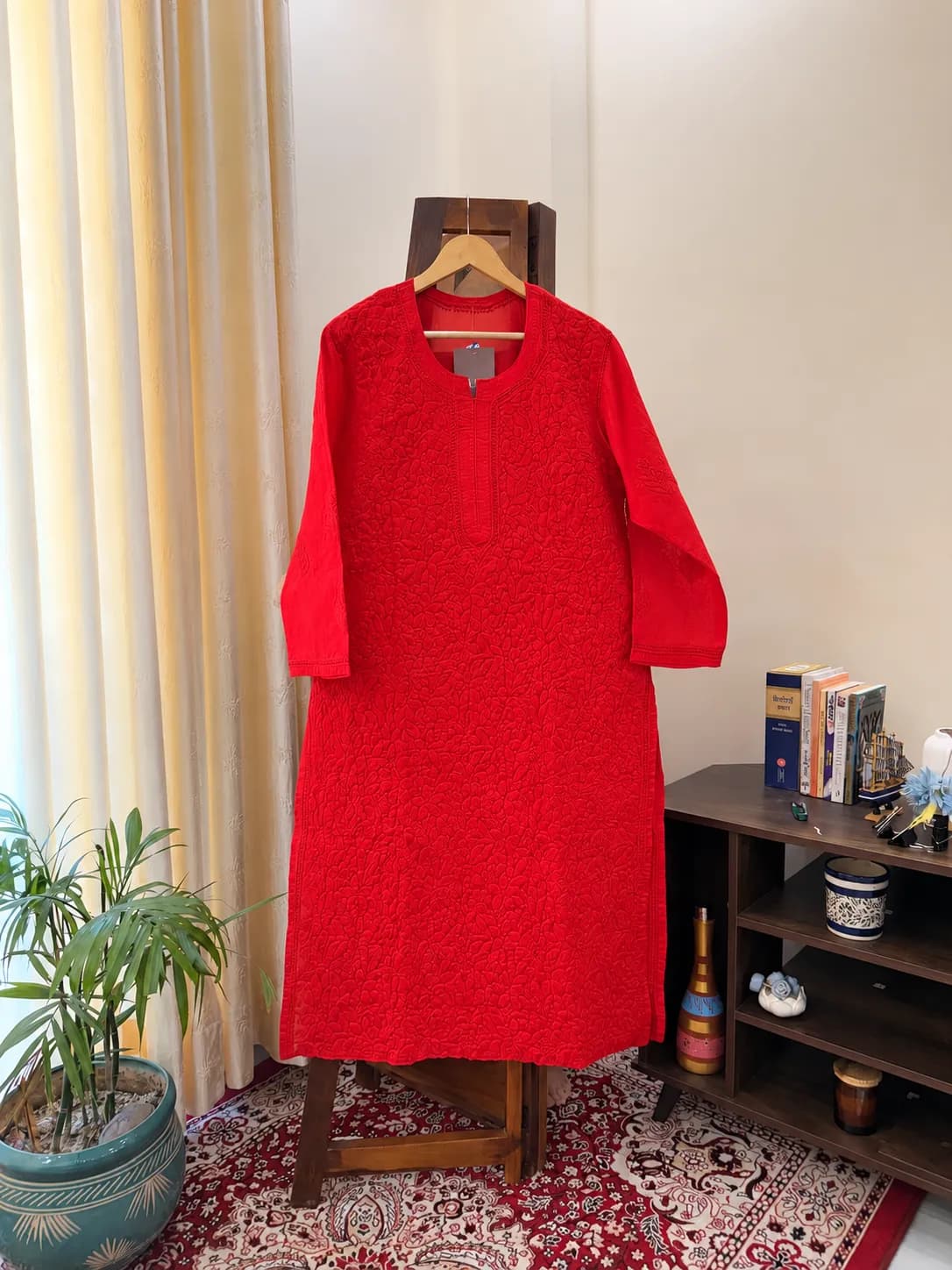 Ferrari Red Cotton Full Work Chikankari Stitched Kurta