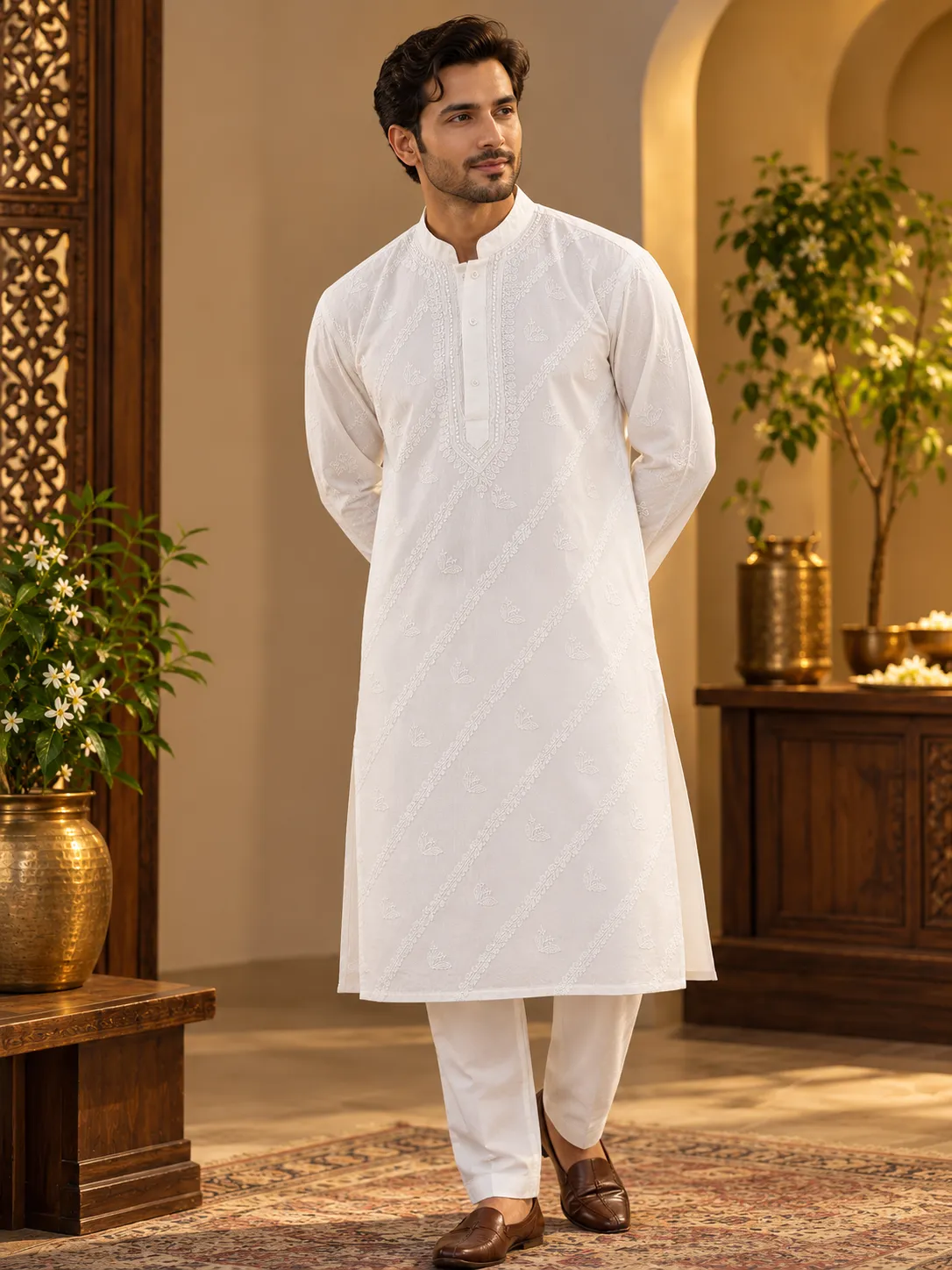 Men's Stitched Cotton Kurta with Chikankari Chhadi Work