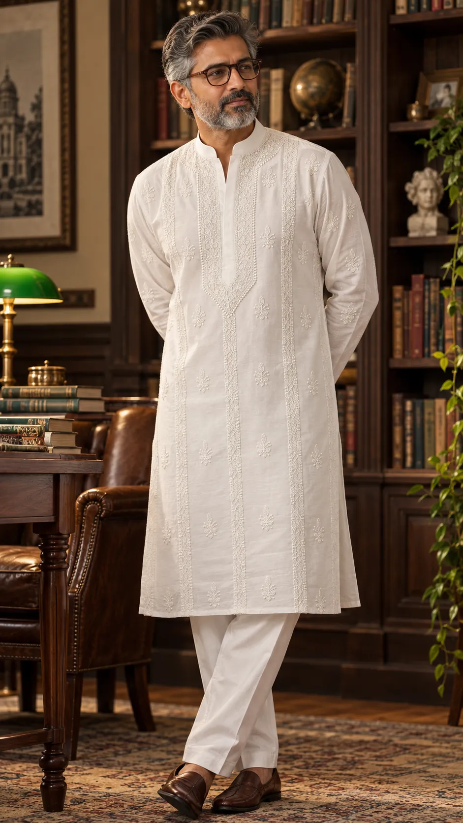 Unisex White Lawn Cotton Kurta Unstitched Fabric with Chikankari