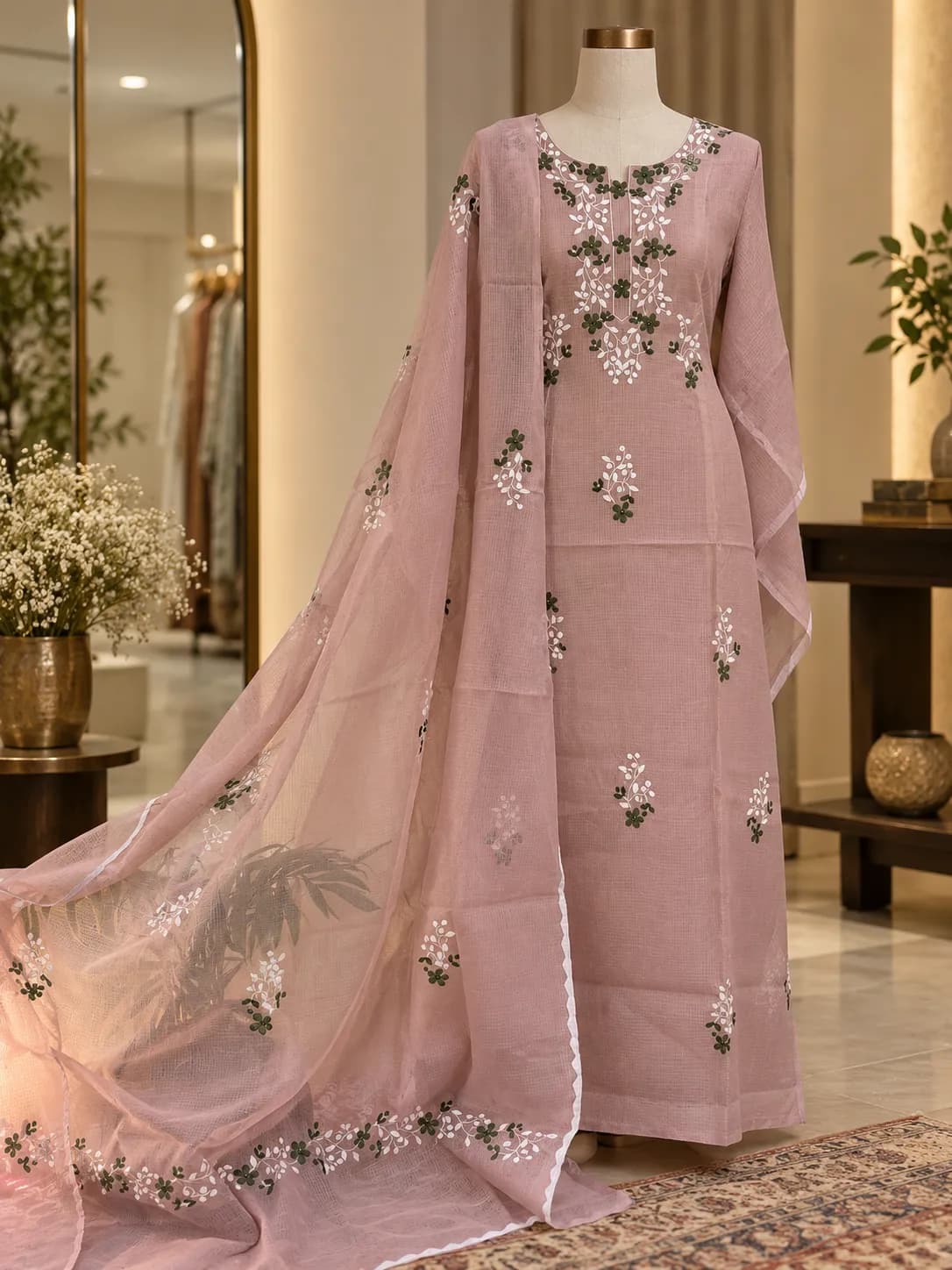 Light Wine Kota with Applique Work Unstitched Suit