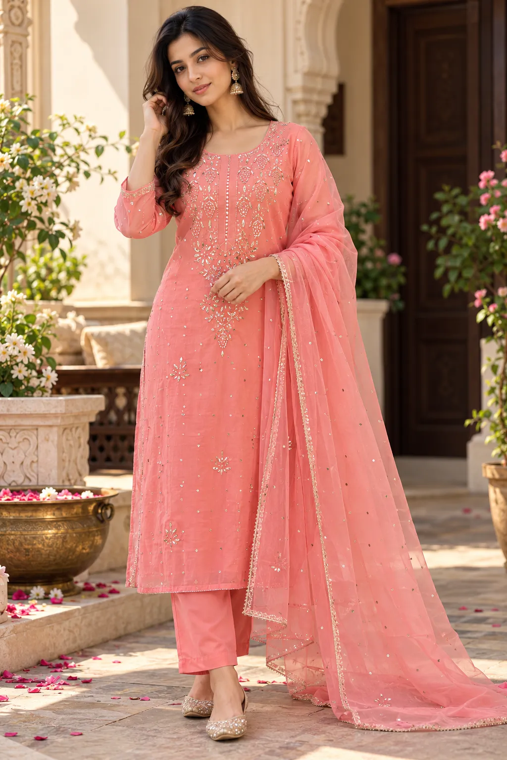 Blush Peach Organza with Pitta Work Unstitched Suit