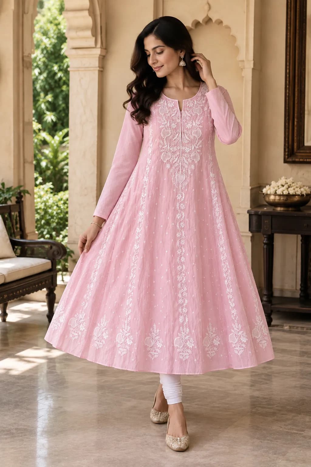 Baby Pink Anarkali in Mul with Chikankari, Pearl & Cut Dana Semi-stitched