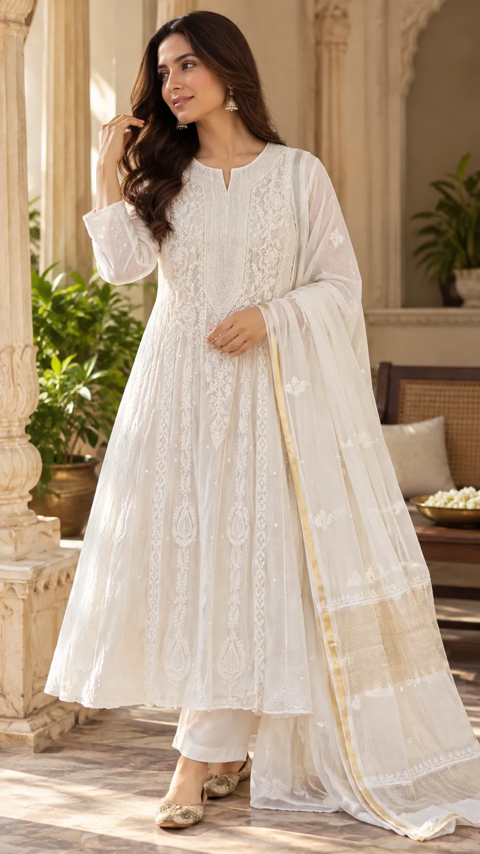 White Anarkali in Mul with Chikankari, Pearl & Cut Dana (Flower Design)