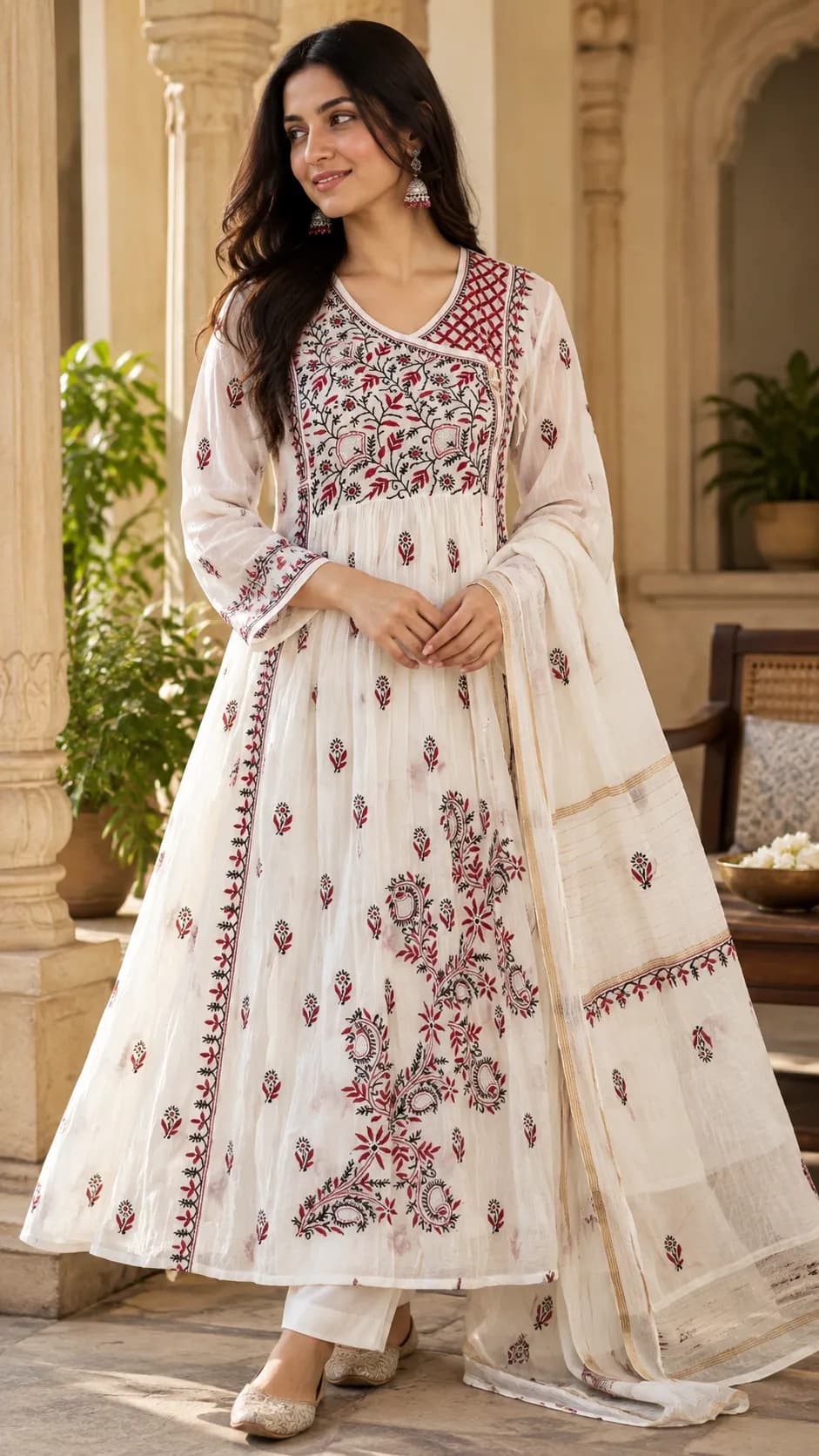 White Angrakha in Mul with red & Black Chikankari Semi-stitched