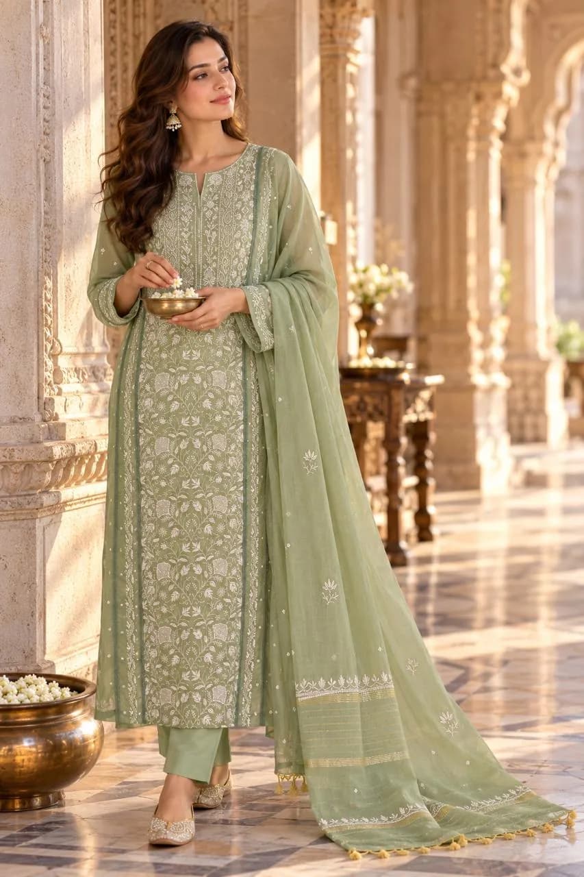 Sage Green Mul Panel with Chikankari, Pearl, Cut Dana & Lace Unstitched Suit