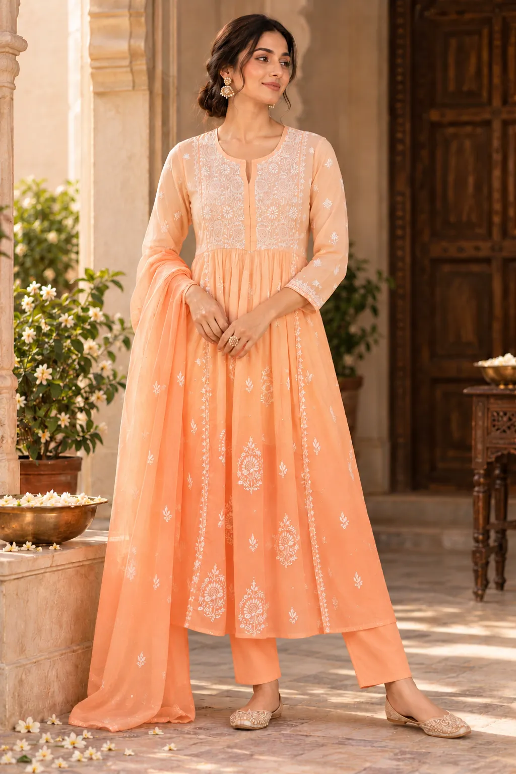 Peach Mul A-Line Chikankari with Mukaish Unstitched Suit
