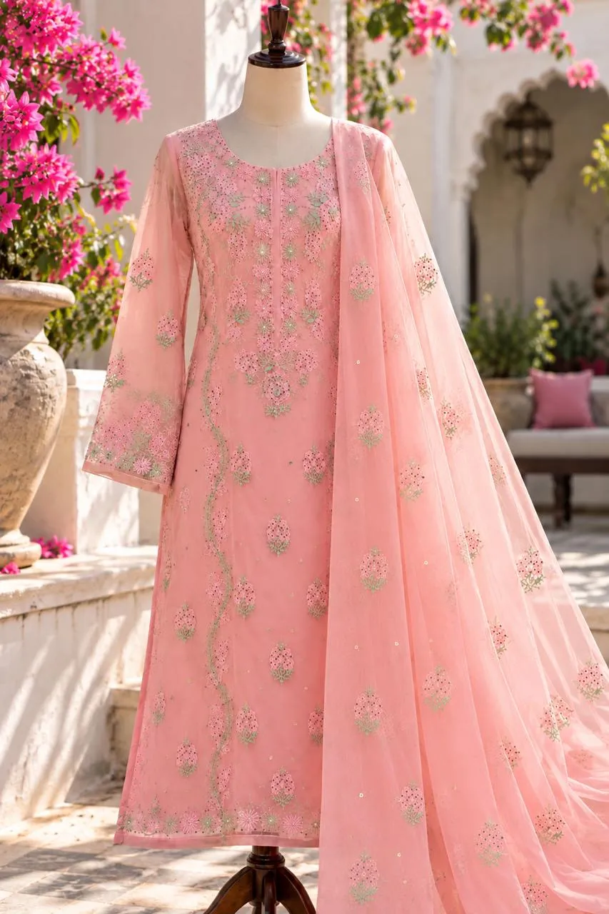 Pink Pure Organza with Chikankari & Mukaish Unstitched Suit