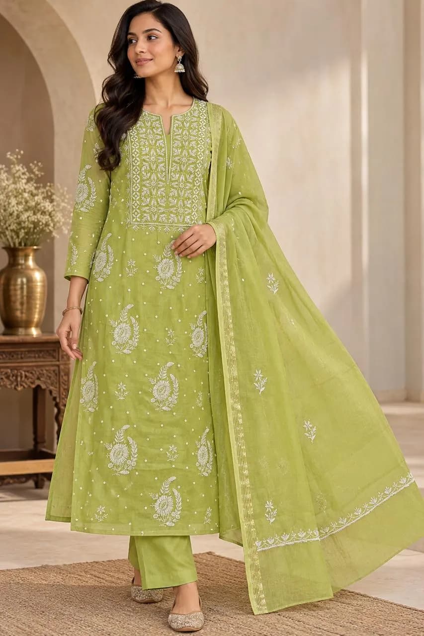 Leafy Green Mul with Chikankari, Pearl & Cut Dana Unstitched Suit