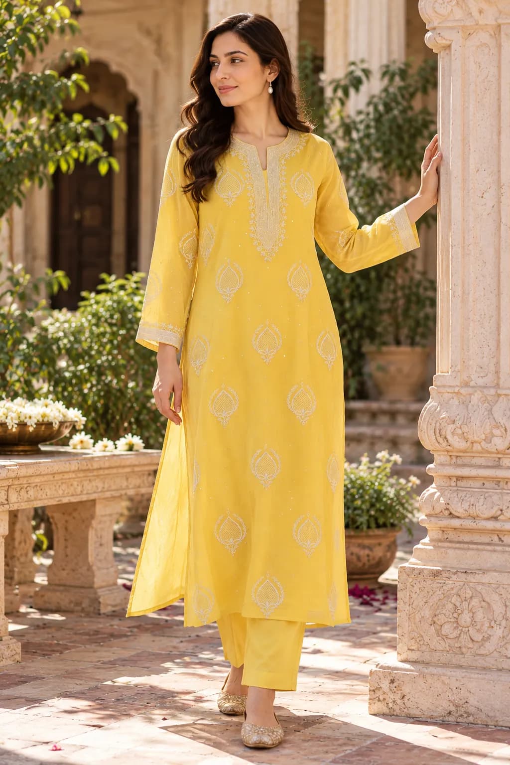 Yellow Mul with Chikankari Jaali Unstitched Suit