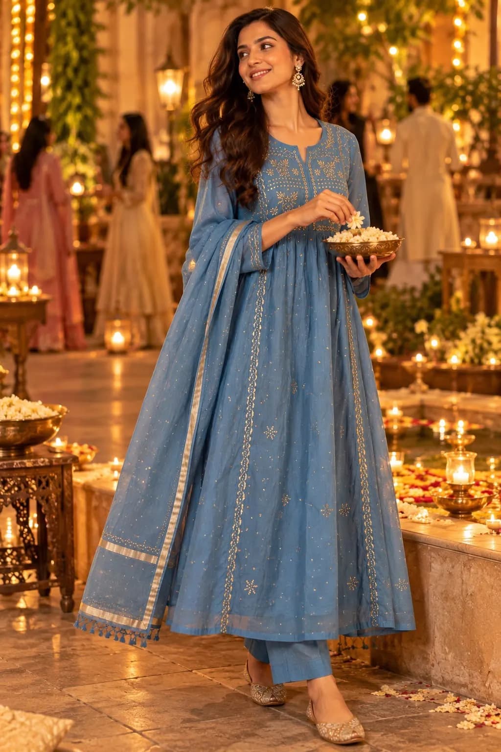 Celtic Blue Mul A-Line with Mukaish & Pitta Work Semi-stitched Suit